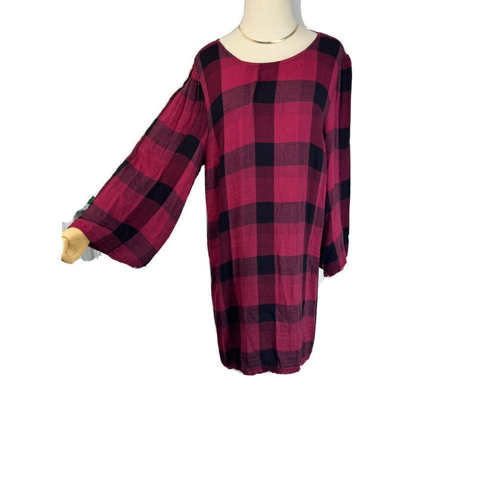 Anthropologie Cloth & Stone Red Black Buffalo Plaid Dress Size‎ XL Long Sleeves